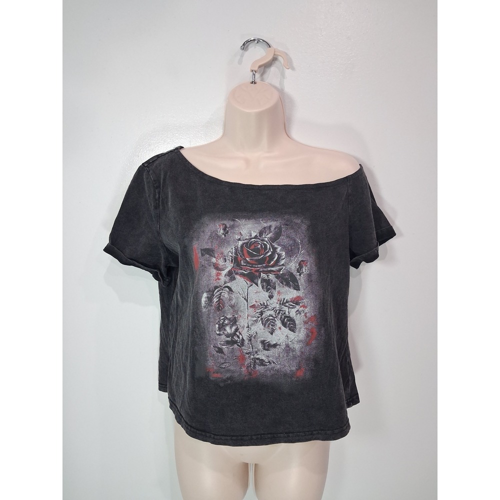 Romwe Acid Wash Rose Graphic Tee Off Shoulder Charcoal Grey Grunge Top Medium